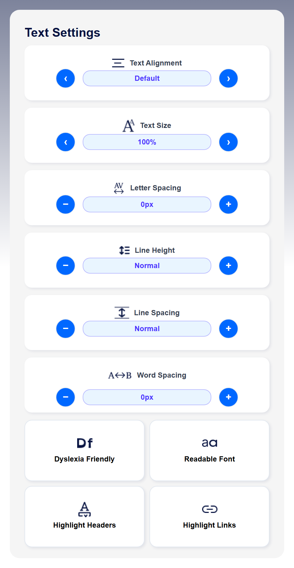 The AccessWiser widget panel, open on its Text Settings section. Six stepper controls show their current values: Text Alignment Default, Text Size 100 percent, Letter Spacing 0px, Line Height Normal, Line Spacing Normal and Word Spacing 0px. Below them are four toggle tiles: Dyslexia Friendly, Readable Font, Highlight Headers and Highlight Links.